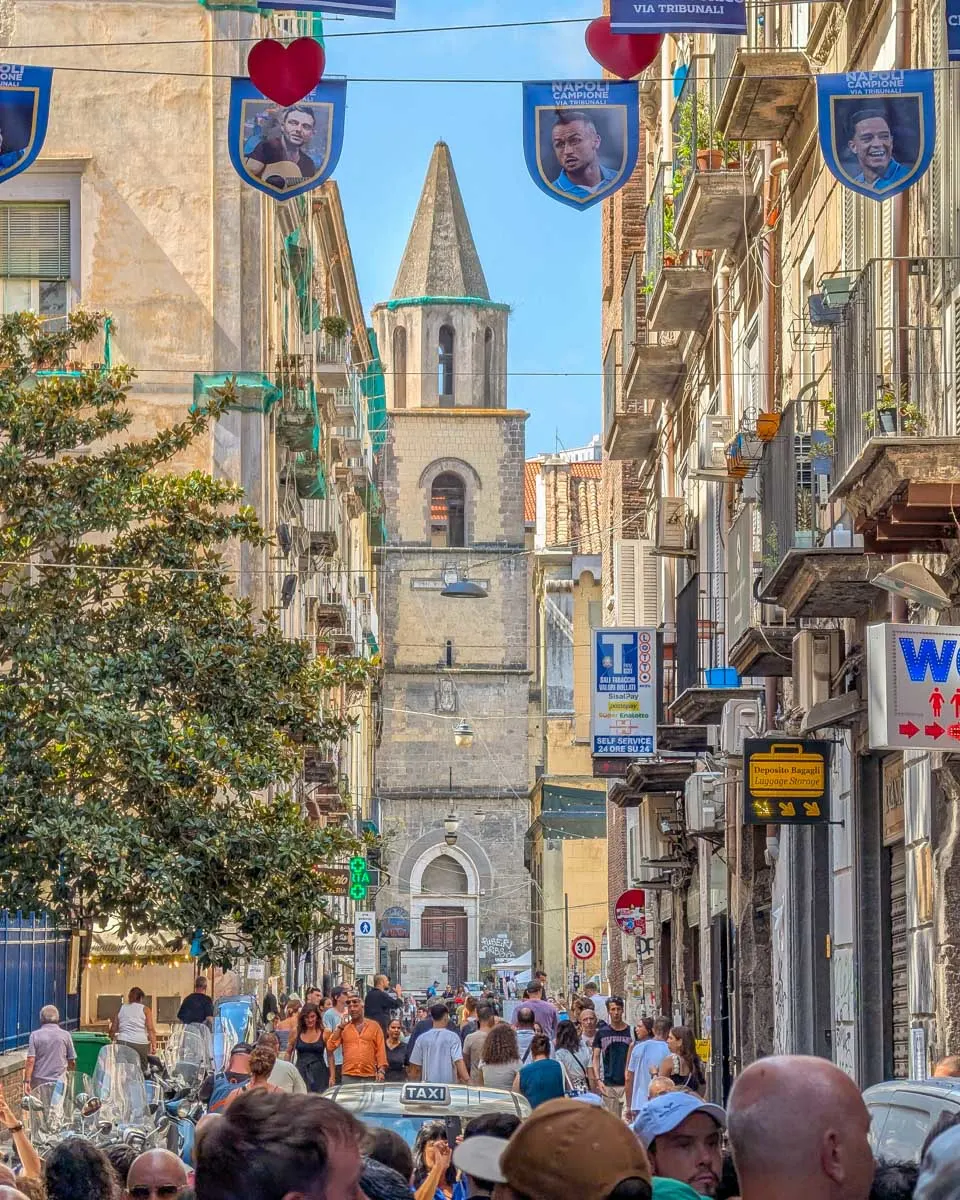 The bell tower of the Church of San Pietro a Majella in Naples, Italy, as seen from Via dei Tribunali