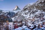 Aerial View on Zermatt Valley and Matterhorn Peak at Dawn in Zermatt Switzerland winter