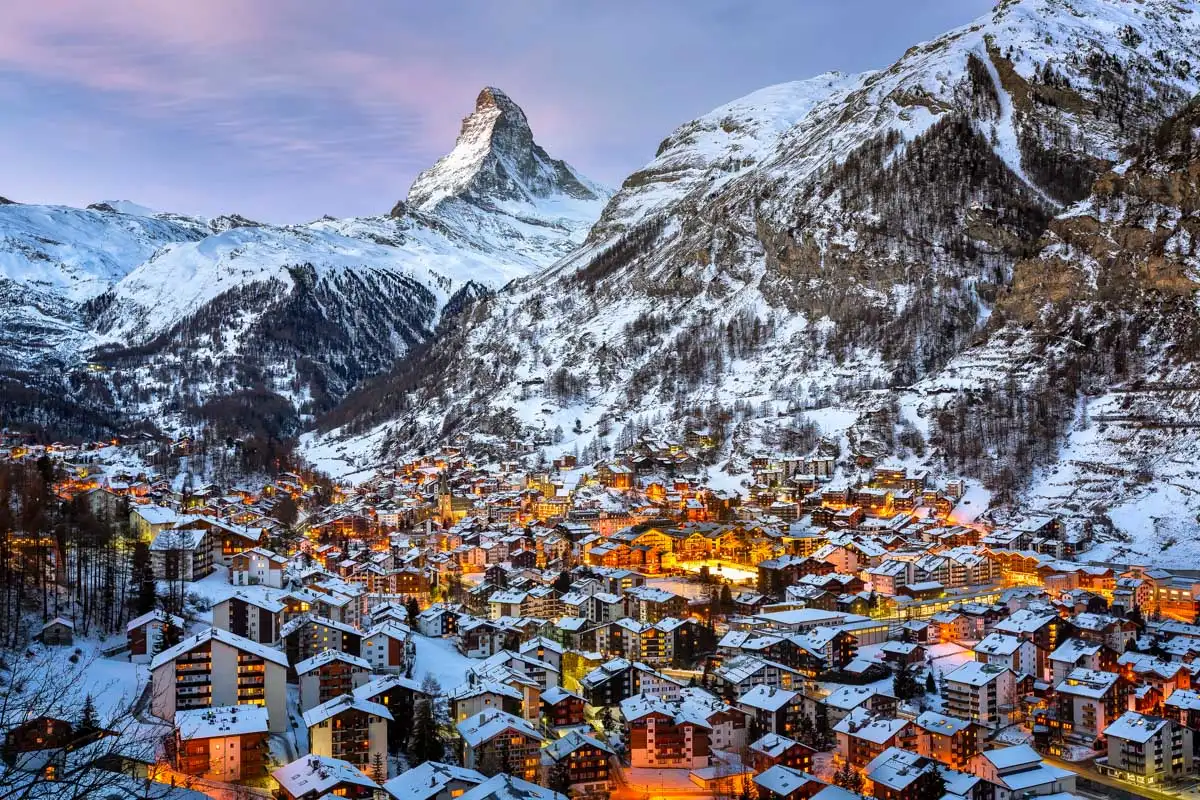 Aerial View on Zermatt Valley and Matterhorn Peak in the Morning Switzerland