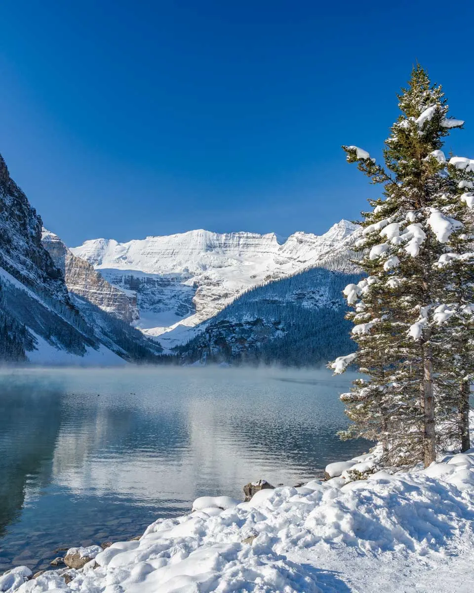 Lake Louise seen in the winter from a lakeside trail Canada