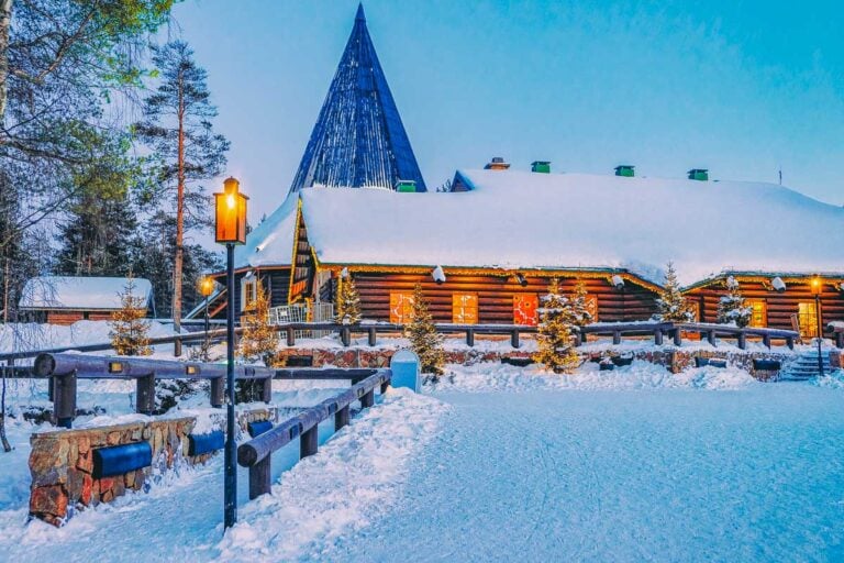 Santas Village at sunset seen in Rovaniemi, Finland