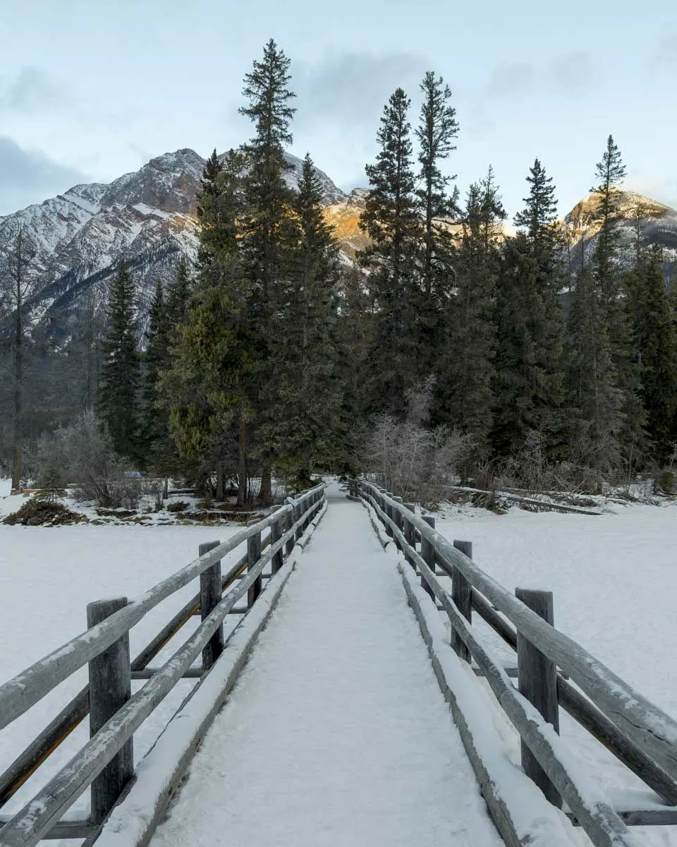 Snow covered bridge over frozen lake, Pyramid Lake Jasper AB Canada