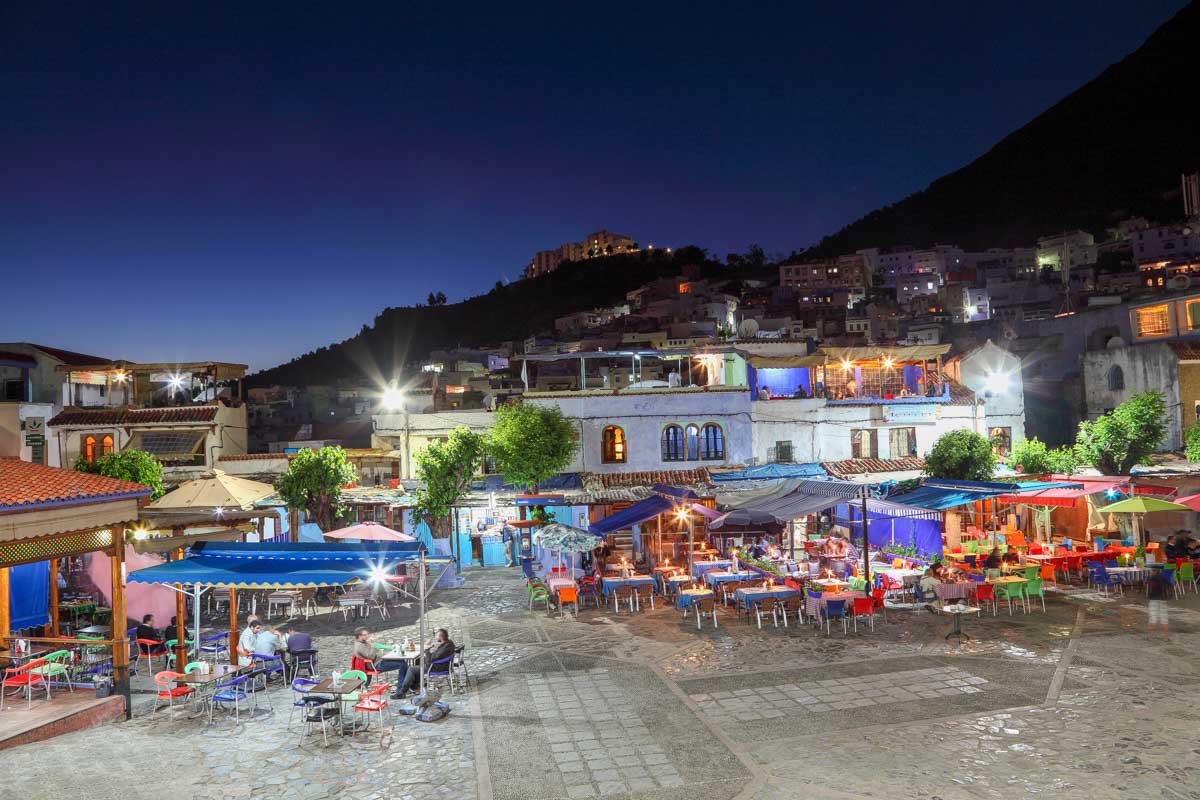 Square in the medina of Chefchaouen at night, Morocco