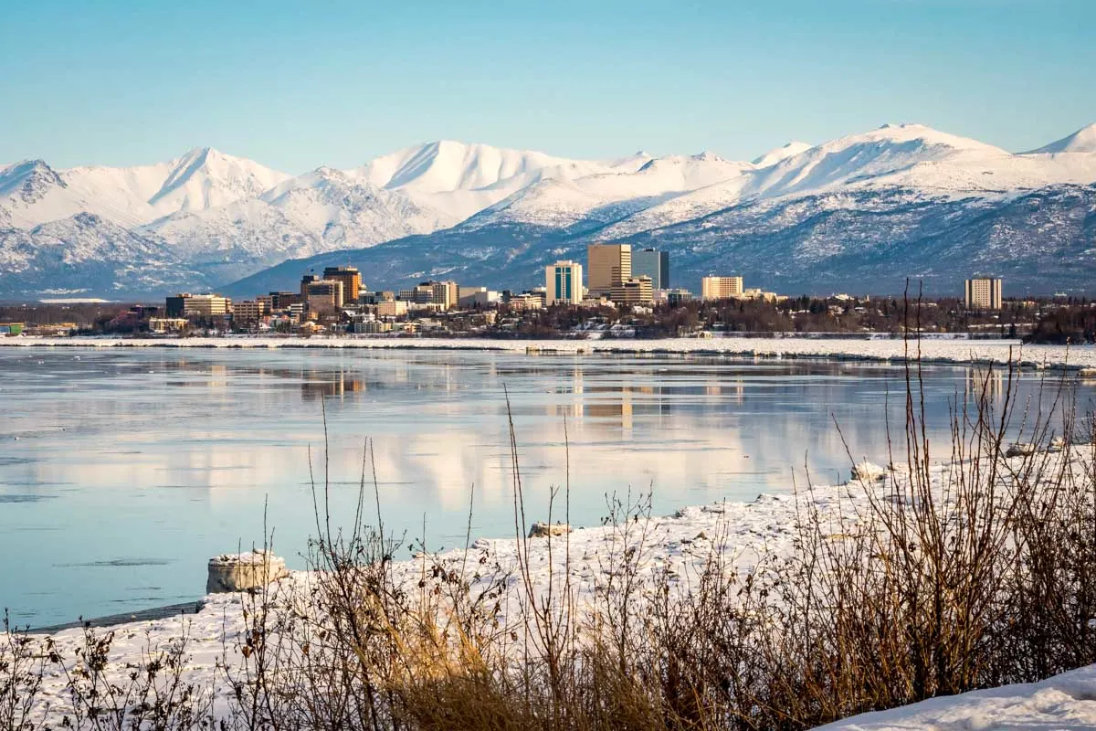 View of Anchorage in the winter from Tony Knowles Coastal Trail Alaska