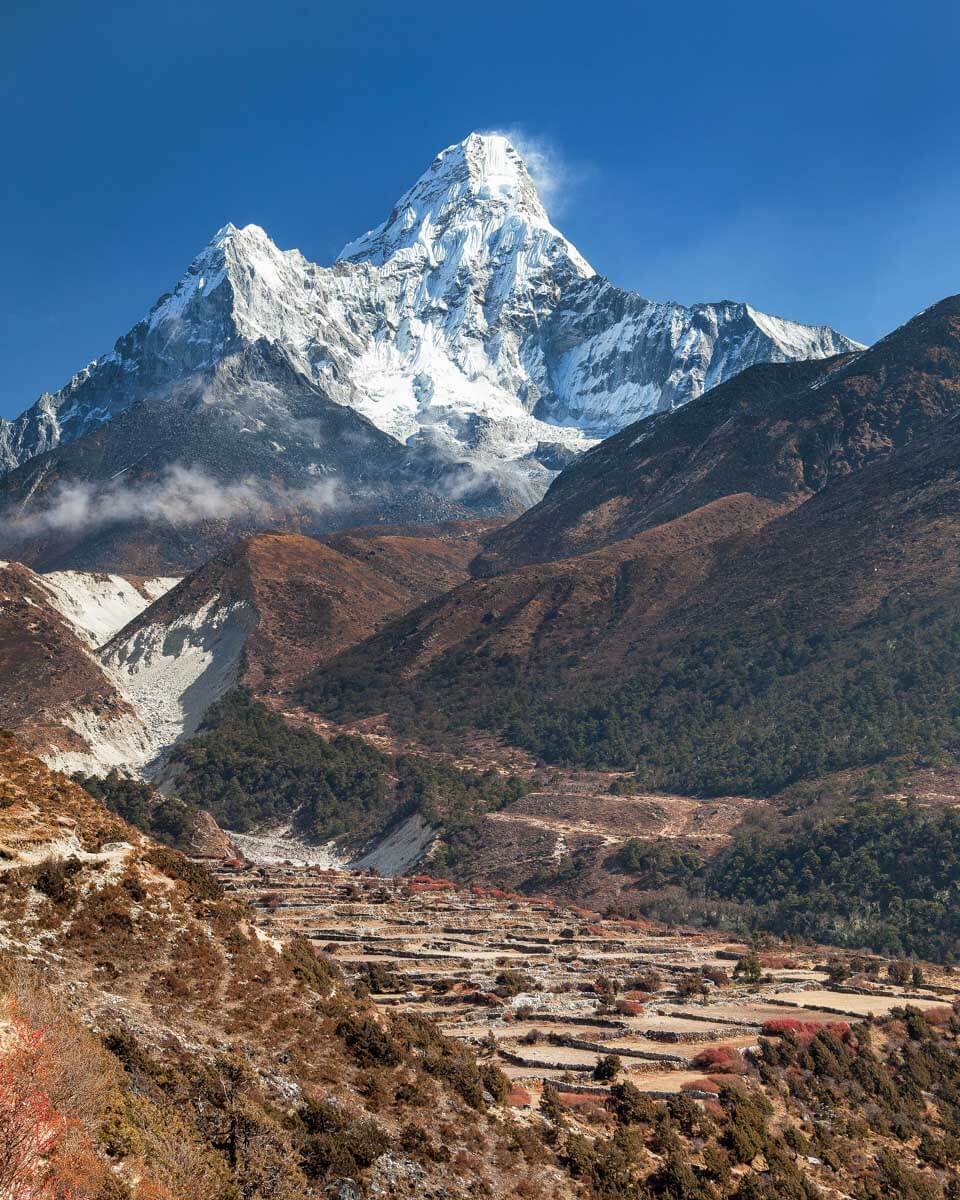 View of mount Ama Dablam seen on a helicopter tour from Kathmandu Nepal