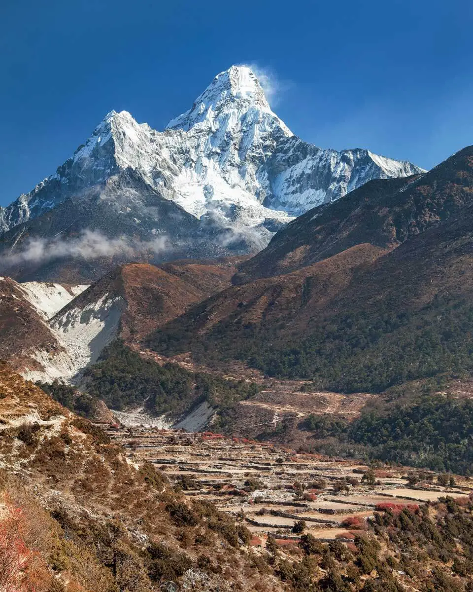 View of mount Ama Dablam seen on a helicopter tour from Kathmandu Nepal