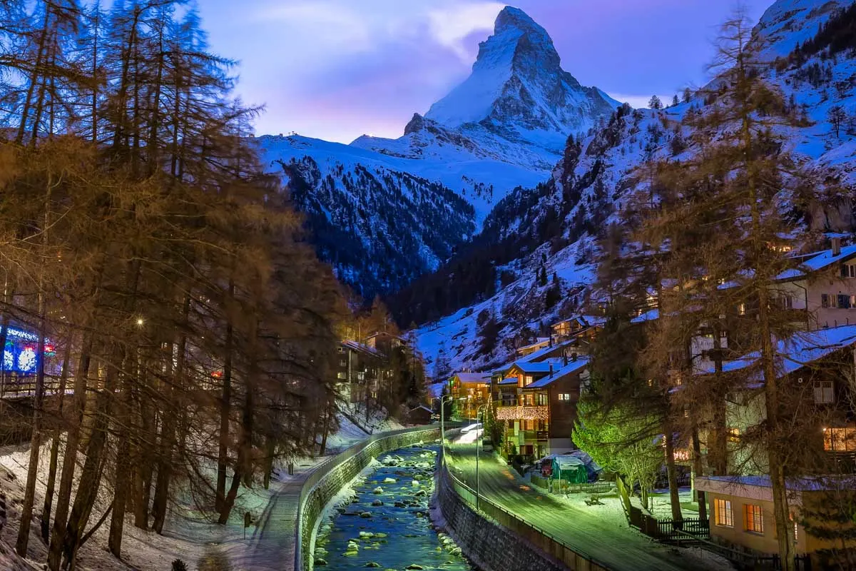Zermatt Ski Resort and Matterhorn Peak in the Evening Switzerland