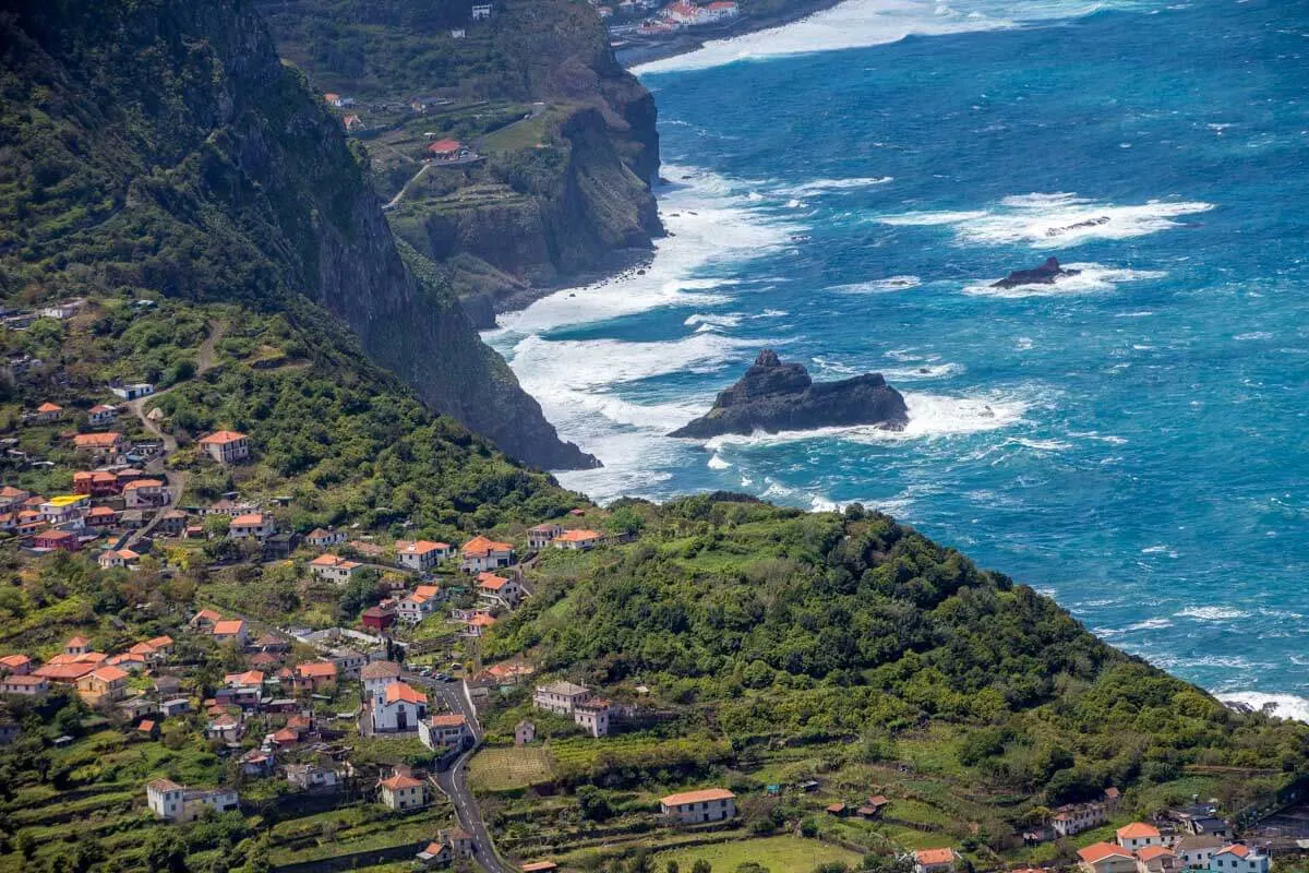 Arco De So Jorge on north coast Madeira seen from Miradouro Beira da Quinta, Madeira, Portugal