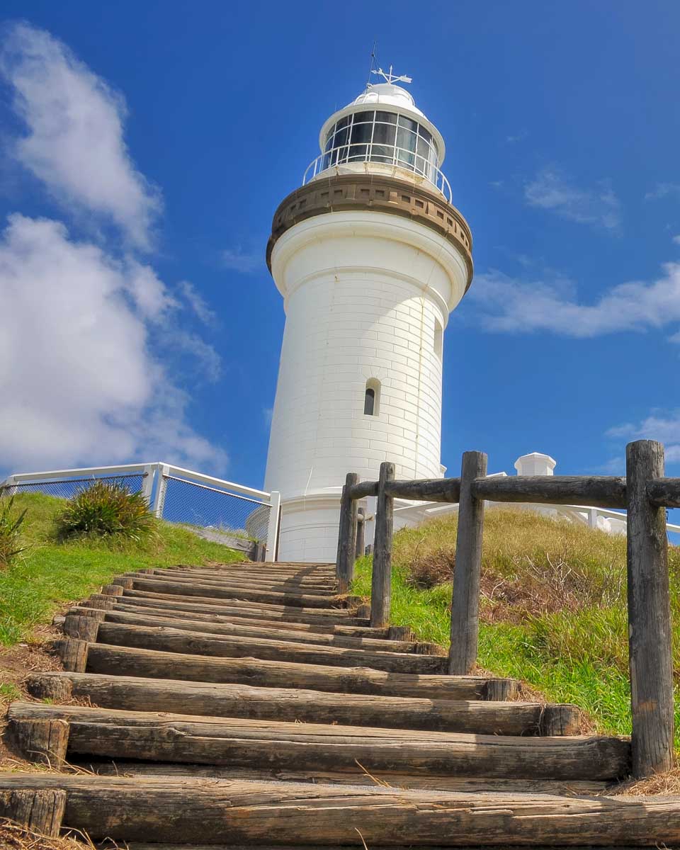 Cape Byron lighthouse with wooden stairs in Byron Bay Australia