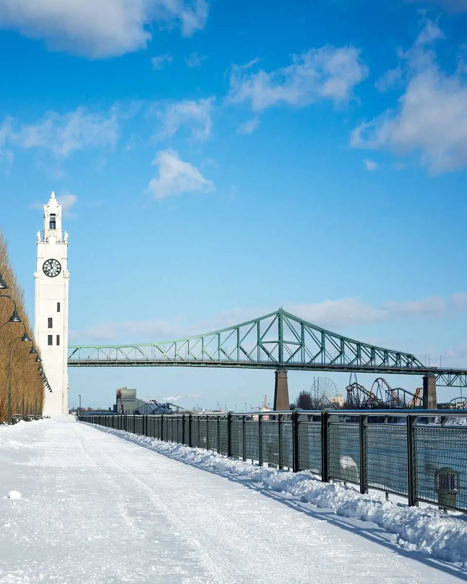 Montreal Clock Tower in winter seen while walking along the Old Port, Montreal