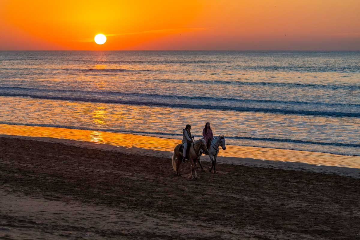 People ride horses on the beach at sunset in Essaouira, Morocco