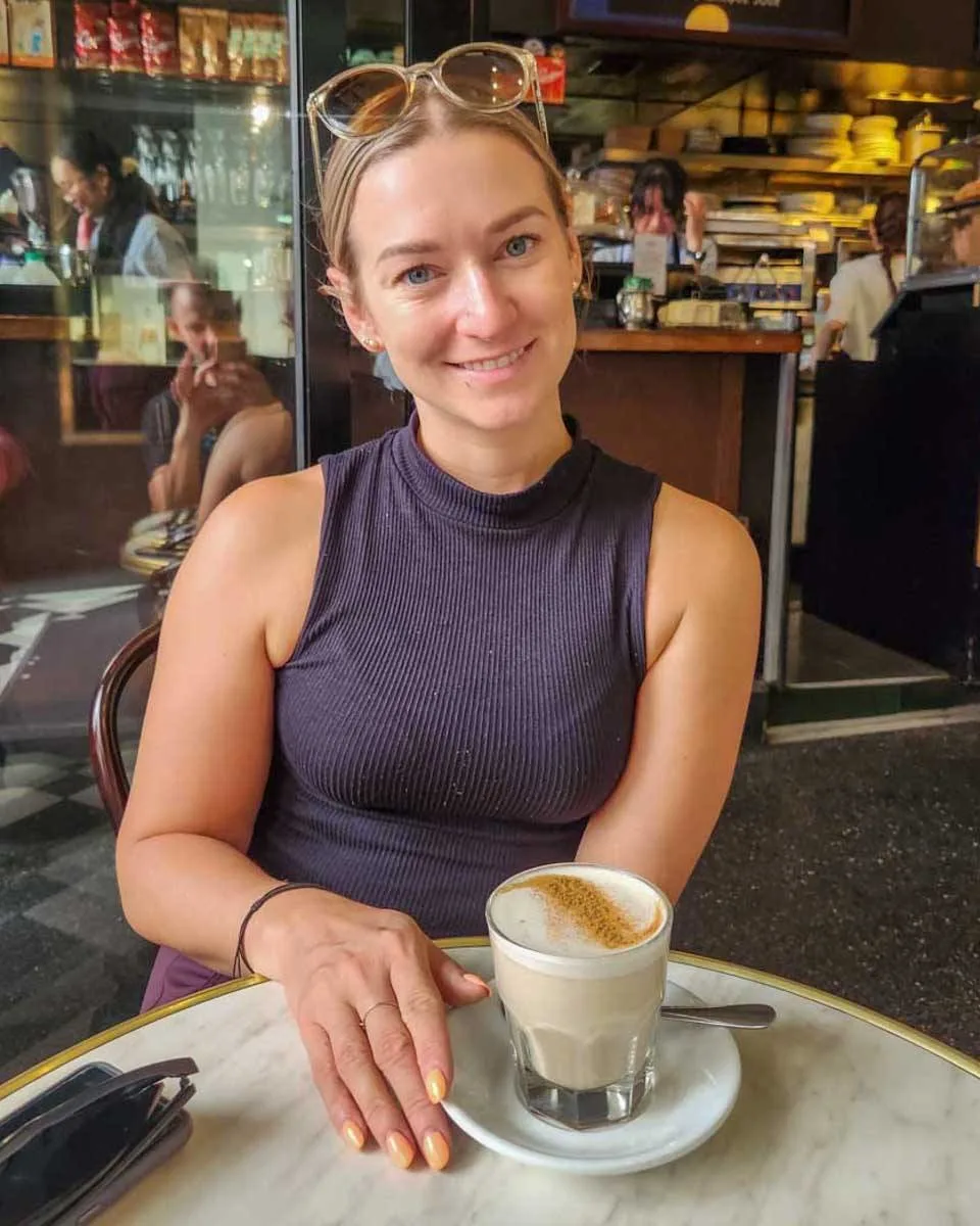 Bailey-enjoys-a-coffee-at-a-cafe-in-Budapest Hungary