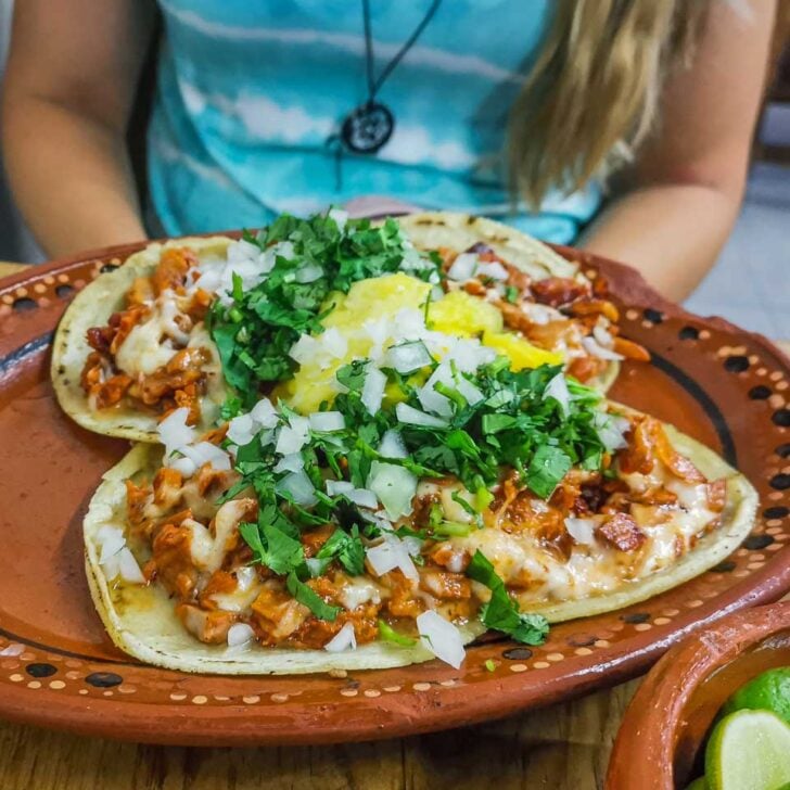 Bailey-sites-behind-a-huge-plate-of-al-pastor-tacos-on-a-taco-tour-in-San Migue de Allende Mexico
