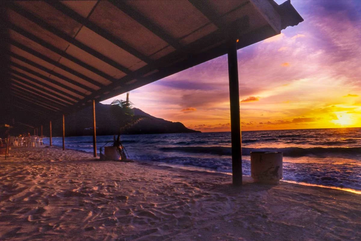 Beau Vallon Beach at sunset Mahe Seychelles
