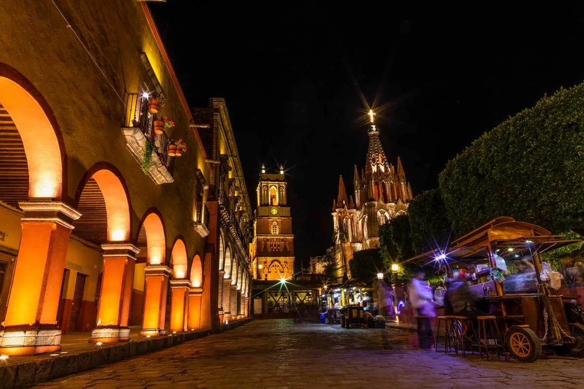 Calle Aldama in San Miguel de Allende Mexico night with Parroquia de San Miguel Arcángel in the background