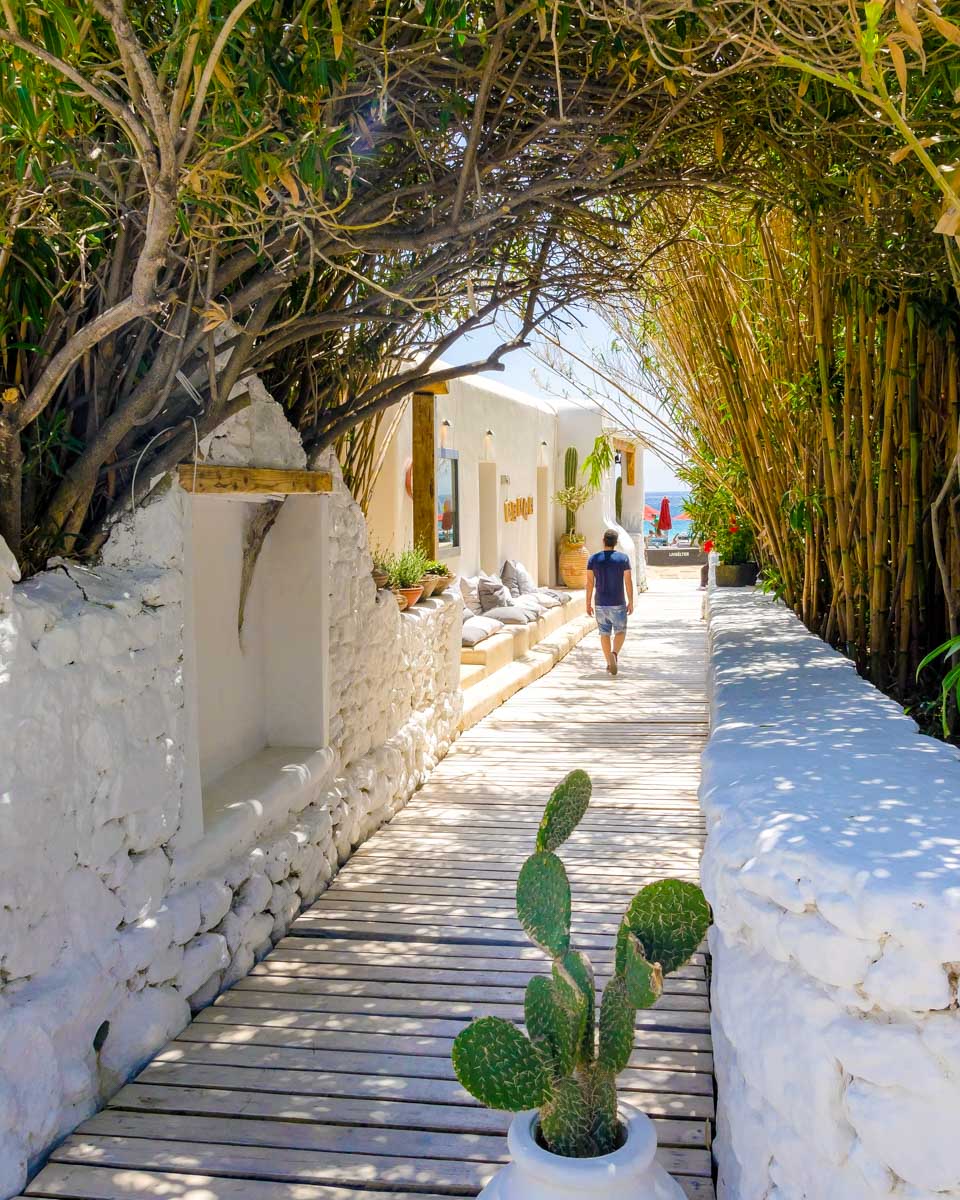 Psarou beach boardwalk, Mykonos, Greece