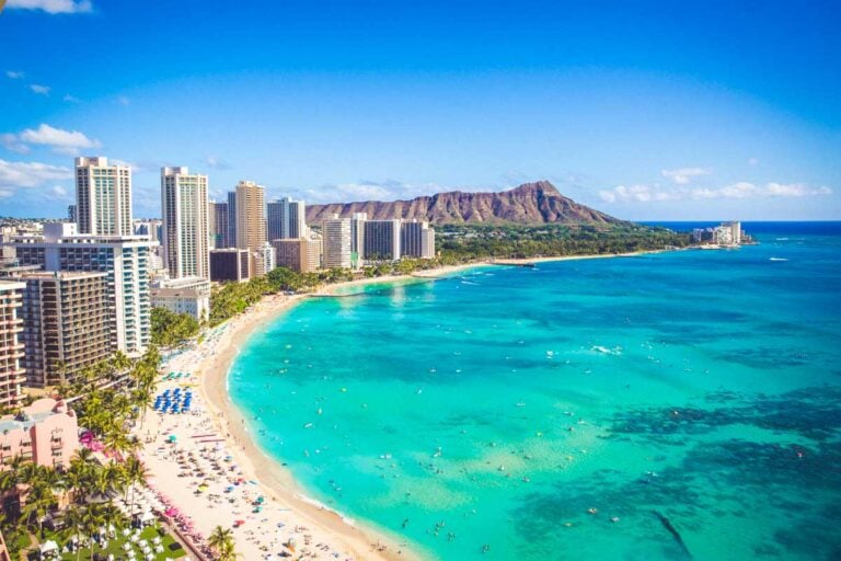 Diamond Head and Waikiki Beach on Oahu, near Honolulu, Waikiki, Hawaii
