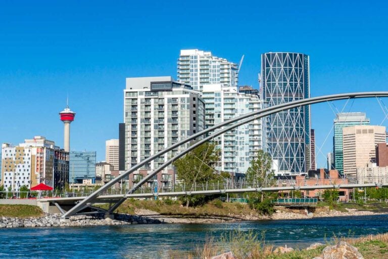 The view of downtown Calgary and the Bow River on a sunny day Canada