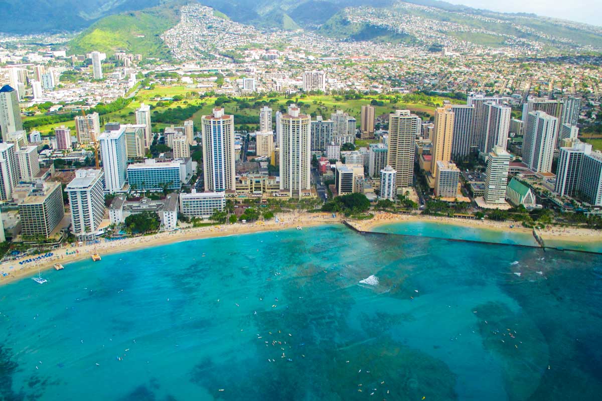 View of Honolulu on Oahu seen from a scenic helicopter flight