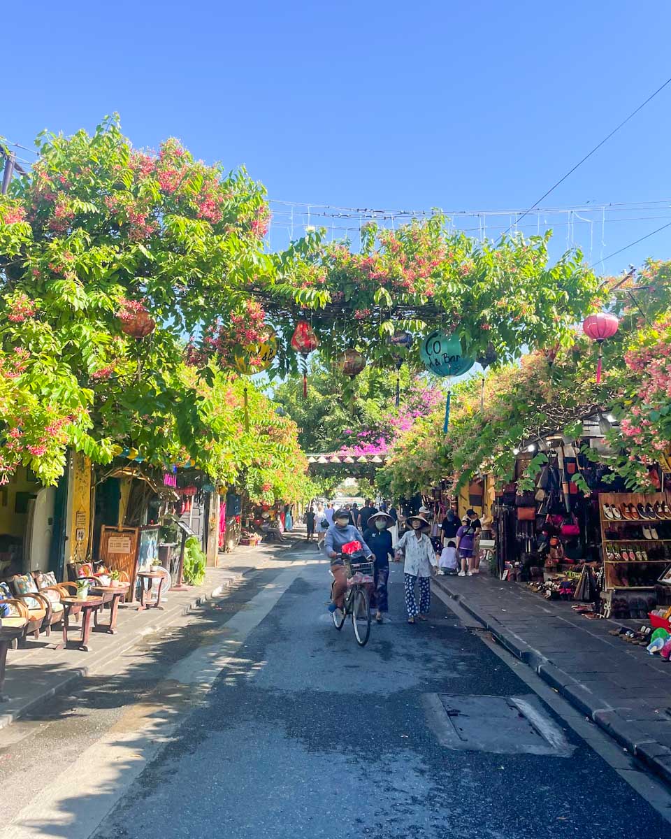 A street with flowers in ancient town Hoi An, Vietnam