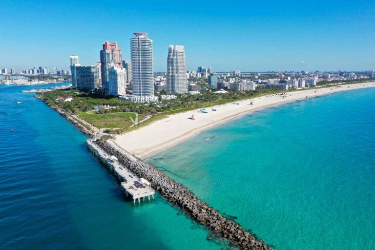 Aerial view of South Beach, South Pointe Park in Miami Florida