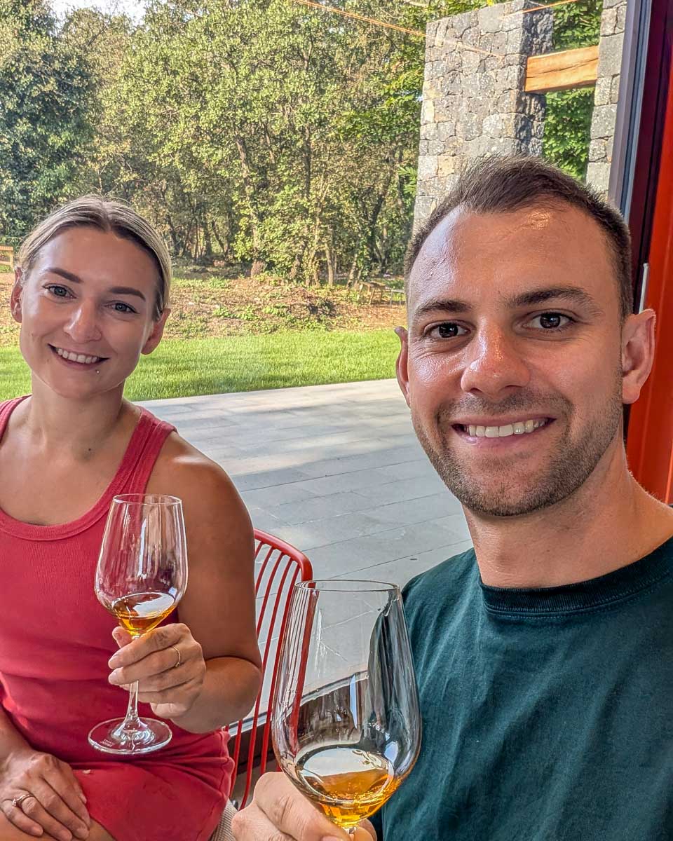 Bailey-and-Daniel-drink-wine-on-a-tour-in-Launceston, Tasmania