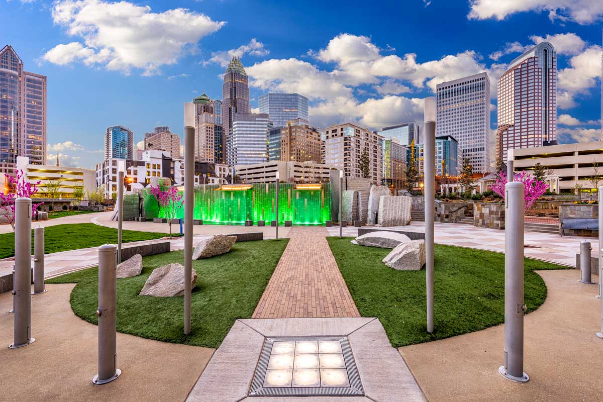 City skyline from Romare Bearden Park in Charlotte North Carolina