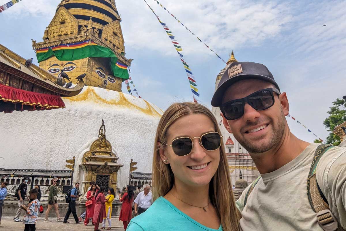 Daniel and Bailey take a selfie at Swayambhunath Stupa in Kathmandu Nepal 2