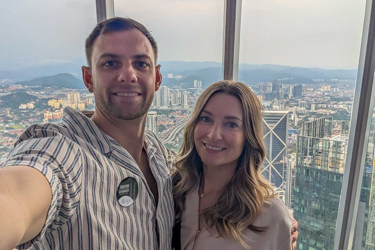 Daniel and Bailey take a selfie at the top of the Petronas Towers in Kuala Lumpur Malaysia