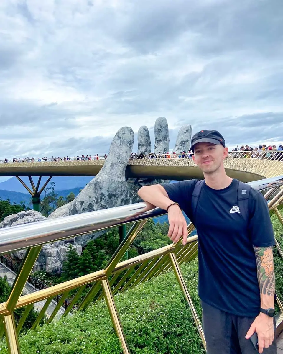 Jesse at the Golden Hand Bridge at Ba Na Hills Vietnam