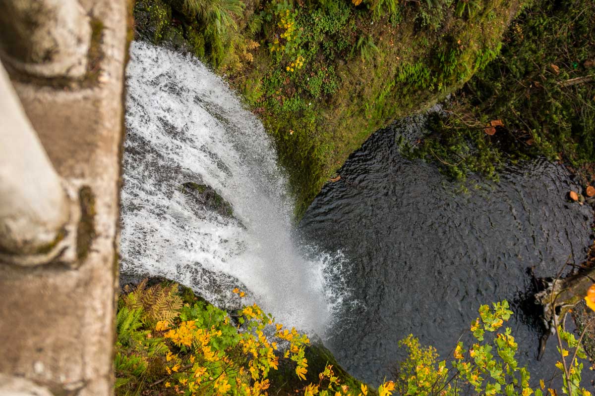 Looking down at the bridge Multnomah Falls on a tour from Portland Oregon