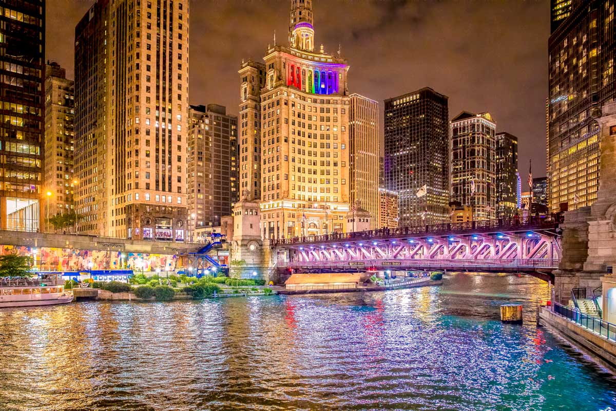 Northern Chicago River Riverwalk in Chicago Illinois at night