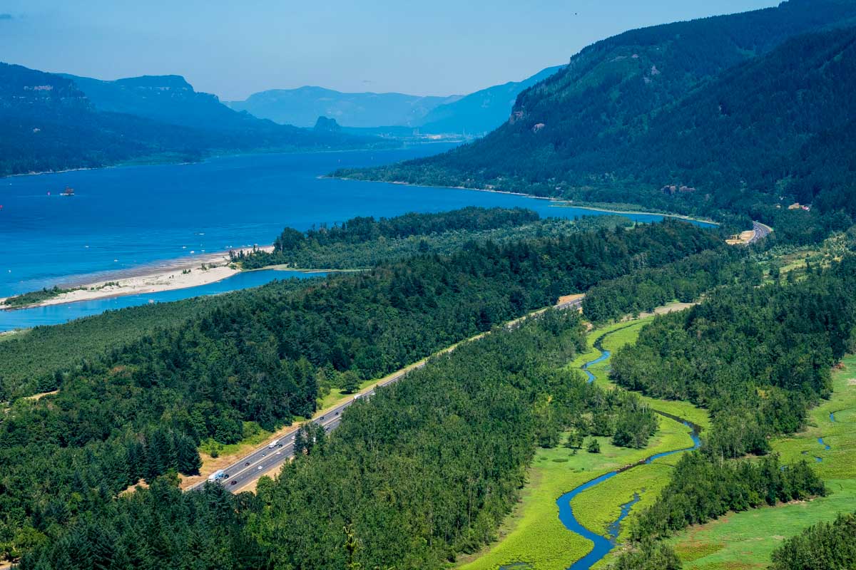 Panoramic view of Columbia River Gorge from Crown Point Vista house on a tour from Portland Oregon