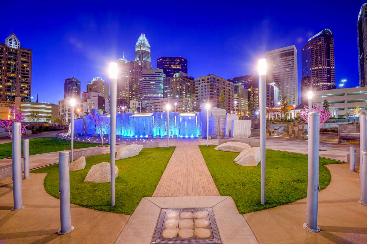 Romare Bearden Park at night in Charlotte North Carolina
