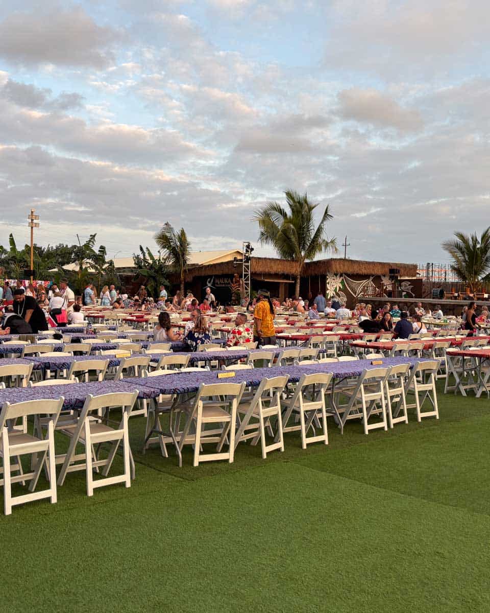 Tables-set-up-on-the-beach-during-a-luau-on Big Island Hawaii
