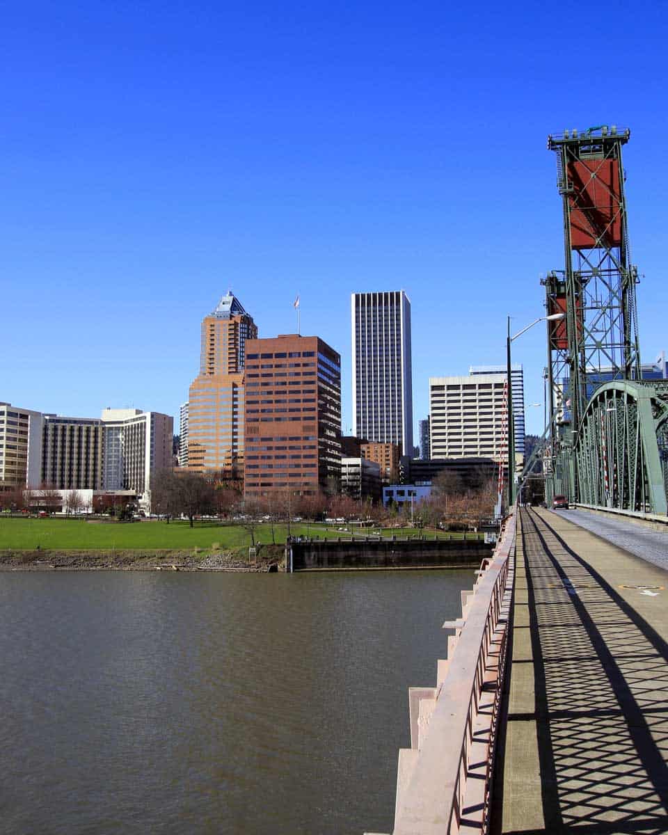 The Hawthorne Bridge to Downtown Portland Oregon