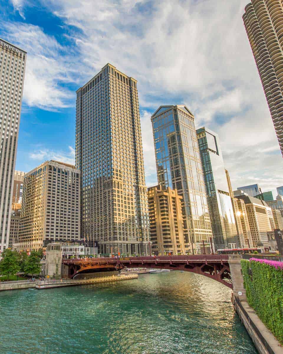 The Northern Chicago River Riverwalk in Chicago Illinois on a nice day