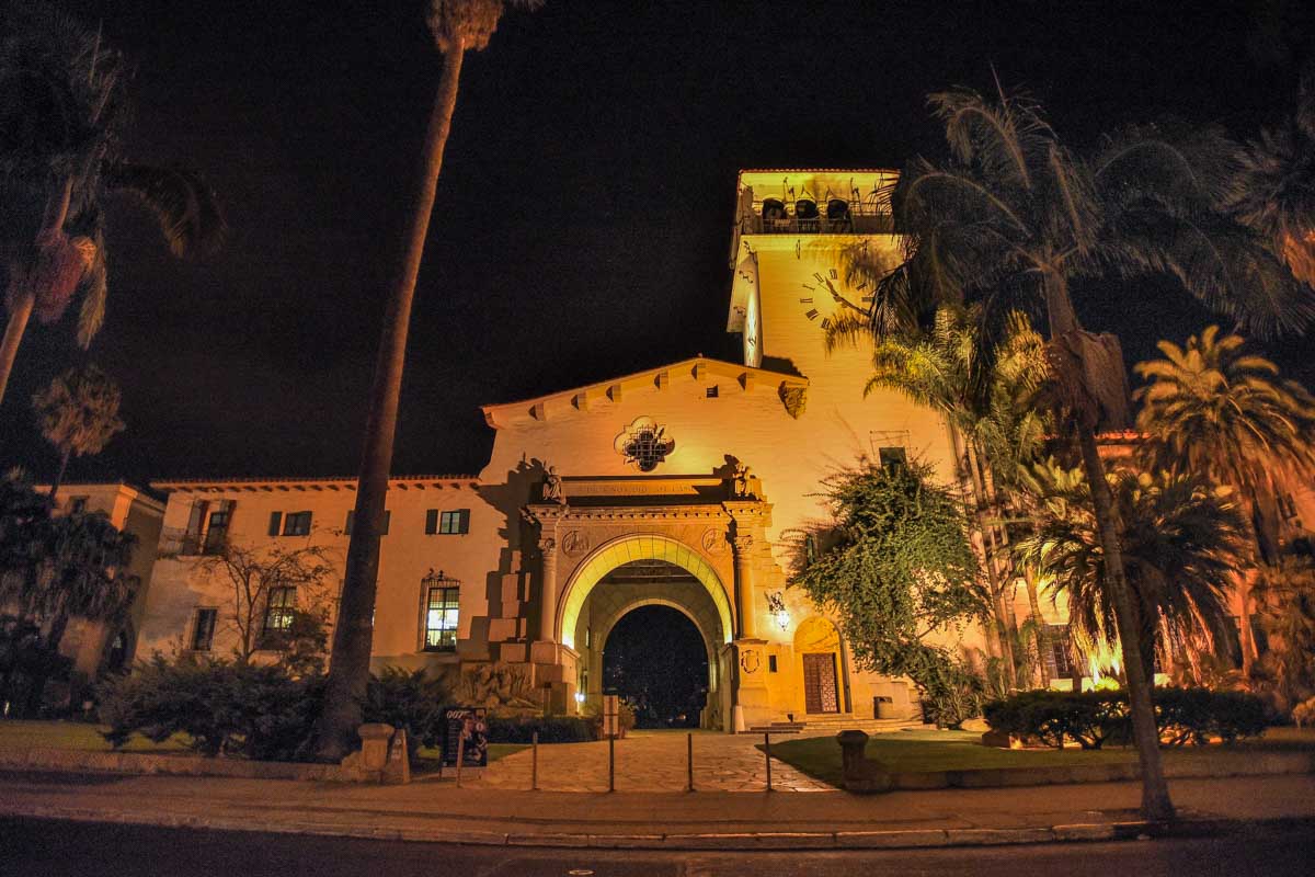 The Santa Barbara Courthouse at night in Santa Barbara California