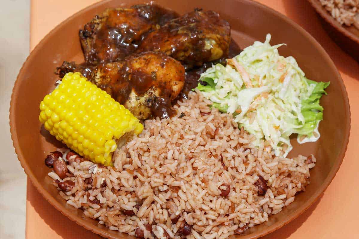 Typical Caribbean food chicken eaten for dinner in Montego Bay Jamaica