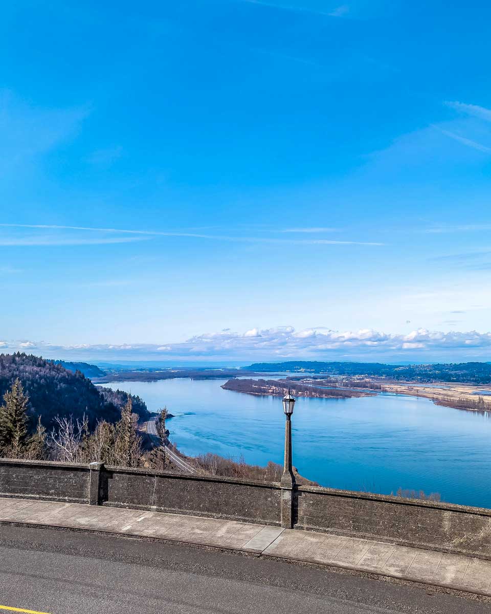 View of the Columbia River from the road to Multnomah Falls on a tour from Portland Oregon