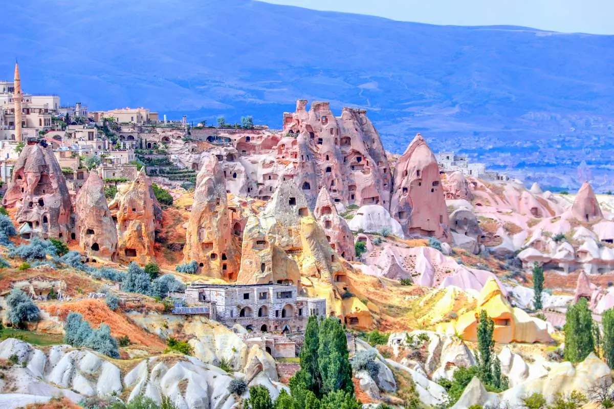 Carved houses in rock, Pigeon Valley, Uchisar, Cappadocia, Turkey