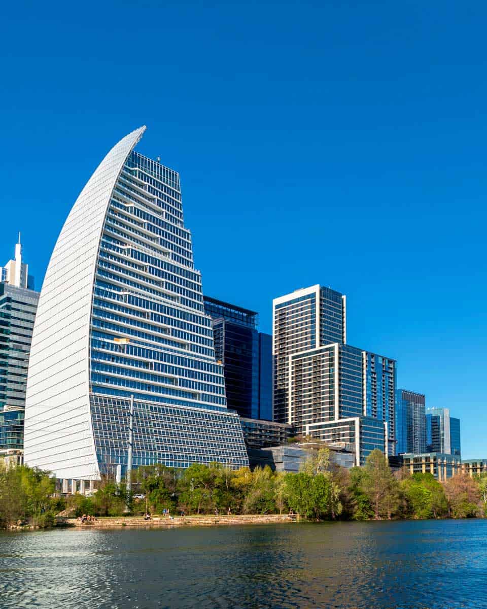 Downtown Austin Texas skyline with view of the Colorado River 1