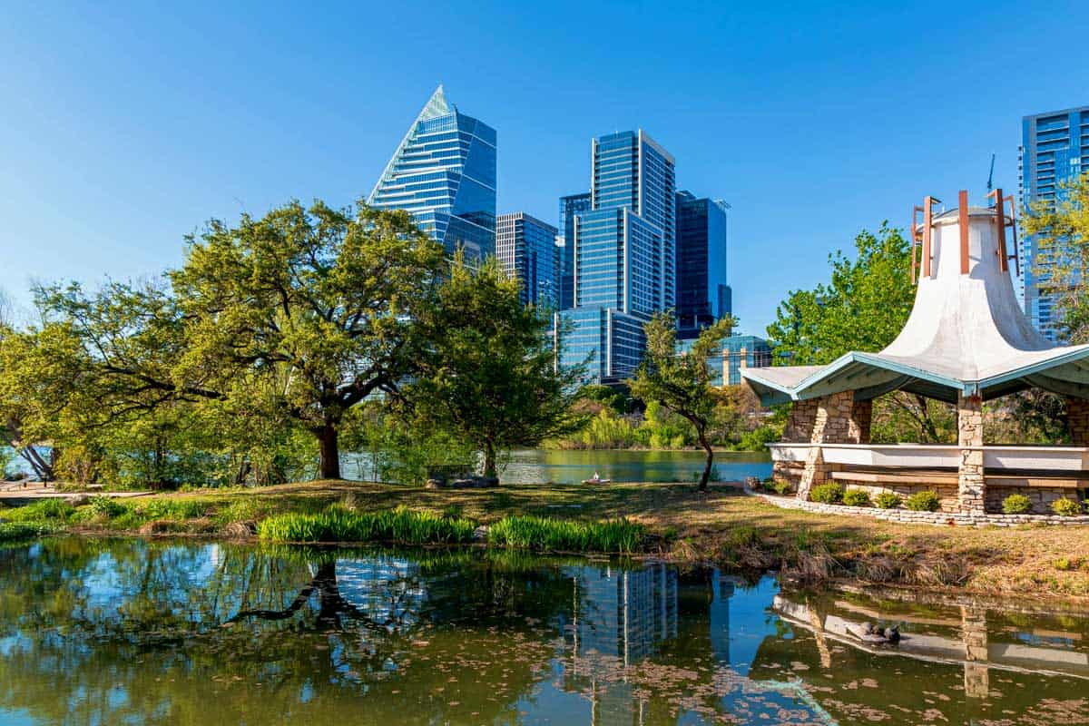 Downtown Austin Texas skyline with view of the Colorado River