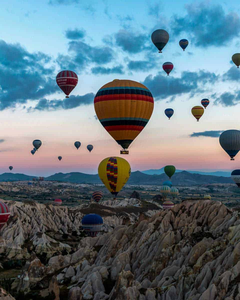 Hot air balloons at sunrise in Cappadocia Turkey