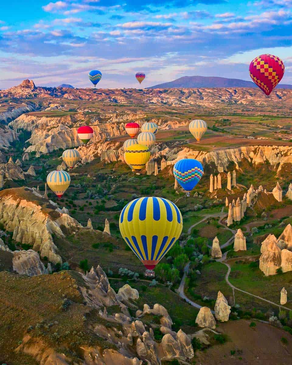 Hot air balloons seen in the morning over Cappadocia Turkey