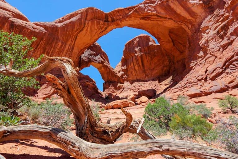 Loking at Double Arch in Arches National Park near Moab Utah