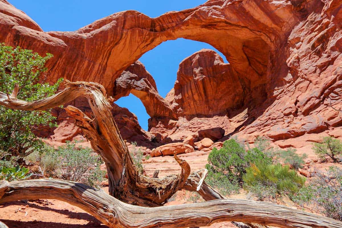 Loking at Double Arch in Arches National Park near Moab Utah