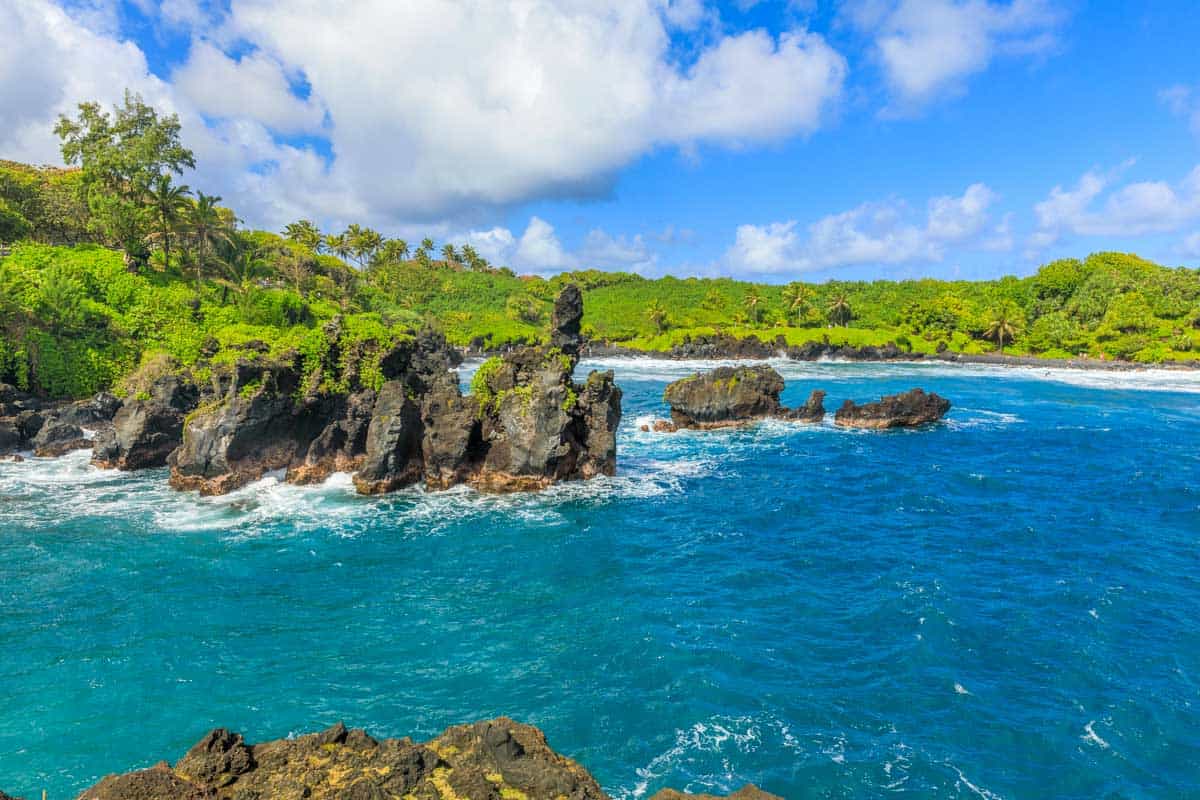 Looking at Waianapanapa Black Sand Beach in Maui Hawaii (1)