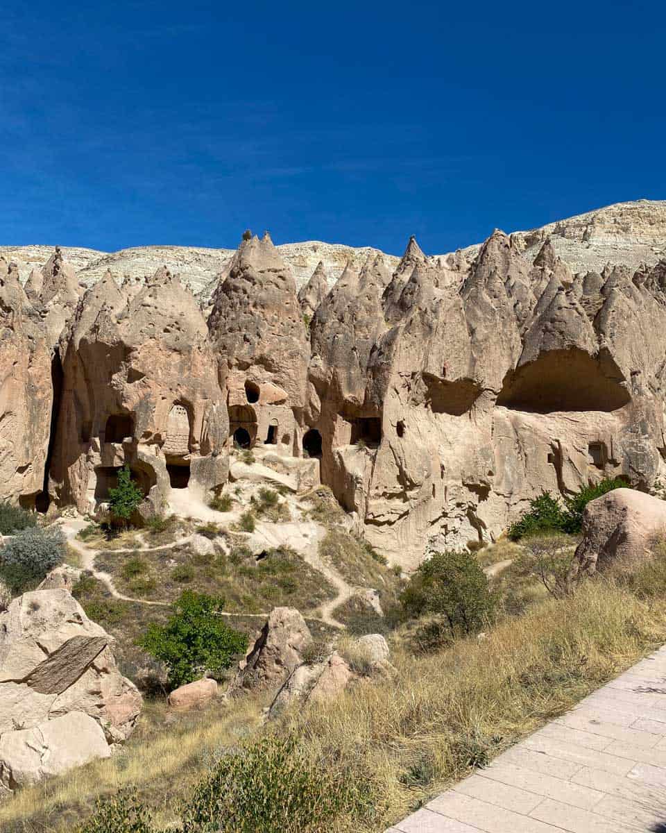 Outside the cave church in Goreme open air museum in Cappadocia Turkey (2)