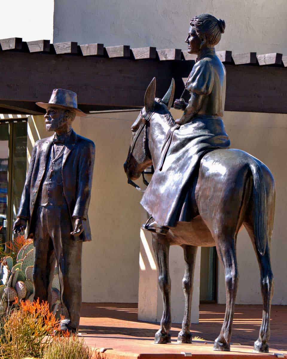 Statues of founders of Scottsdale, Arizona, Winfield Scott and Helen Louise Brown Scott seen in Scottsdale Phoenix Arizona